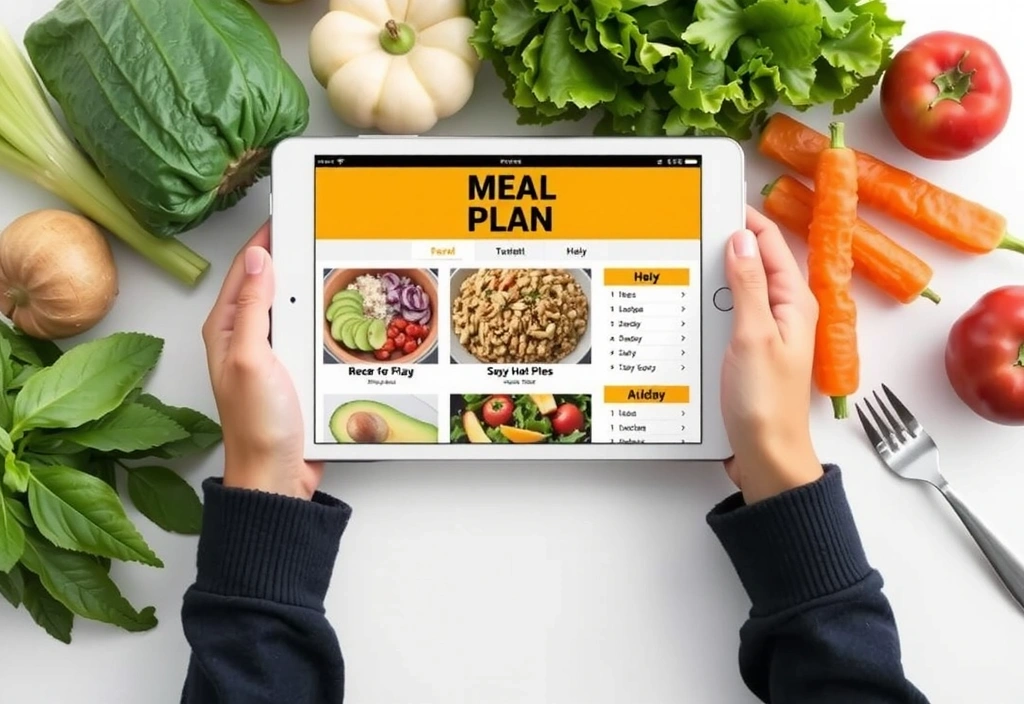 A person looking at a healthy meal plan on a tablet with various fresh ingredients around