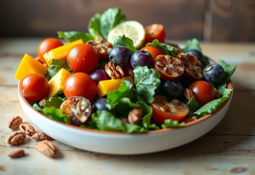 A vibrant, fresh salad with various vegetables, fruits, and nuts, representing healthy eating and balanced nutrition.